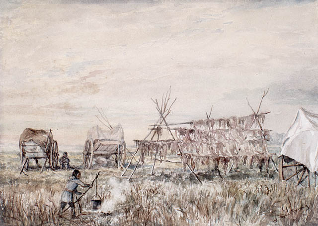 Metis drying buffalo meat, White Horse Plains (St. Francois Xavier), Red River, Canada (Painted in 1899 by William Armstrong (1822-1914))