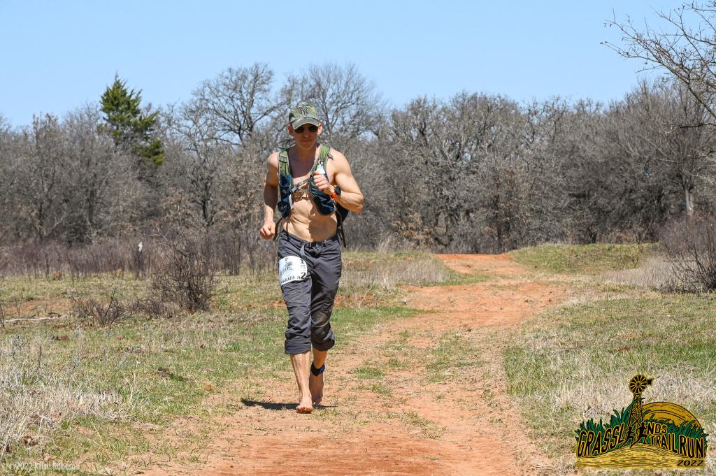 Barefoot Ken running barefoot at the Grasslands Trail Marathon