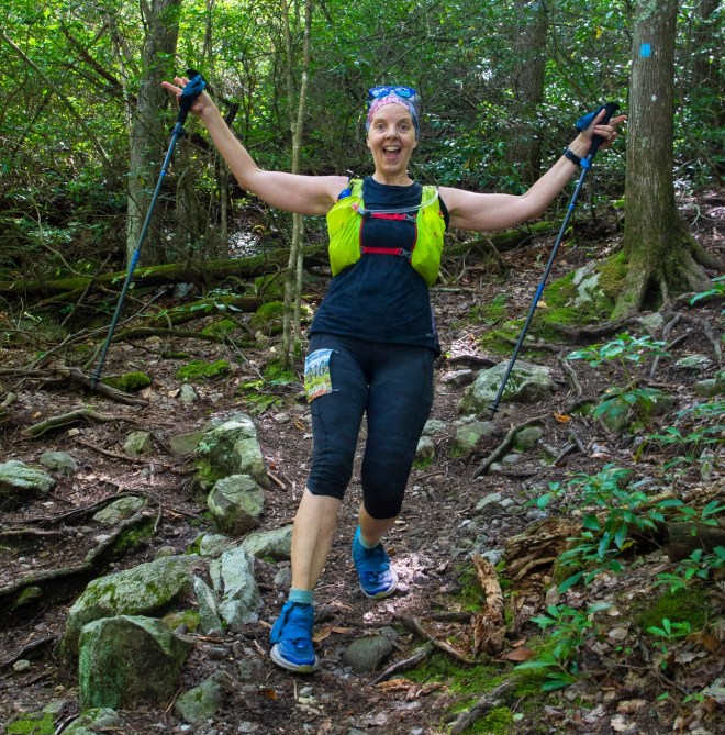 Barbara Evans descending a rocky trail in the SRT Run 30-miler